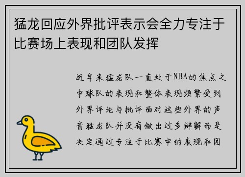 猛龙回应外界批评表示会全力专注于比赛场上表现和团队发挥